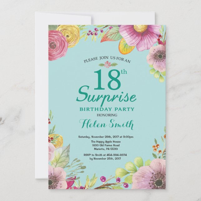 Floral Surprise 18e anniversaire Invitation Turquo (Devant)