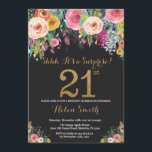 Floral Surprise 21e anniversaire Invitation Or<br><div class="desc">Floral Surprise 21e Invitation d'anniversaire pour les femmes. Fleur florale aquarelle. Parties scintillant Noir et Or. Rose,  Jaune,  Orange,  Fleur Violette. Anniversaire adulte. Pour plus de personnalisation,  cliquez sur le bouton "Customiser" et utilisez notre outil de conception pour modifier ce modèle.</div>
