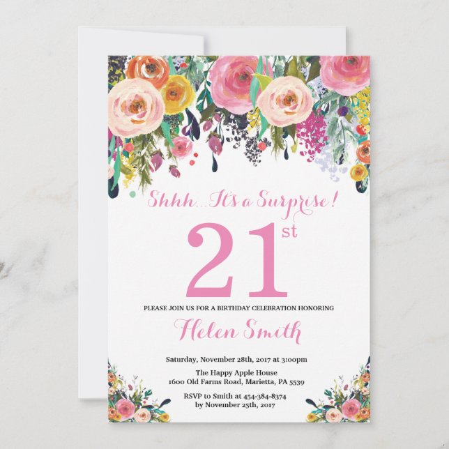 Floral Surprise 21e anniversaire Invitation rose (Devant)