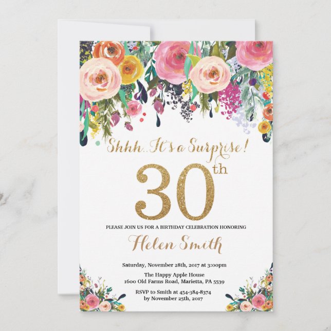 Floral Surprise 30e anniversaire Invitation Or (Devant)