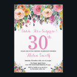 Floral Surprise 30e anniversaire Invitation rose<br><div class="desc">Floral Surprise 30e anniversaire Invitation pour les femmes. Fleur florale aquarelle. Rose, Jaune, Orange, Fleur Violette. Anniversaire adulte. 30ème 40ème 50ème 60ème 70ème 80ème 90ème 100ème 13ème 15ème 16ème 18ème 20ème 21ème N'importe quel âge. Pour plus de personnalisation, cliquez sur le bouton "Customiser" et utilisez notre outil de conception pour...</div>