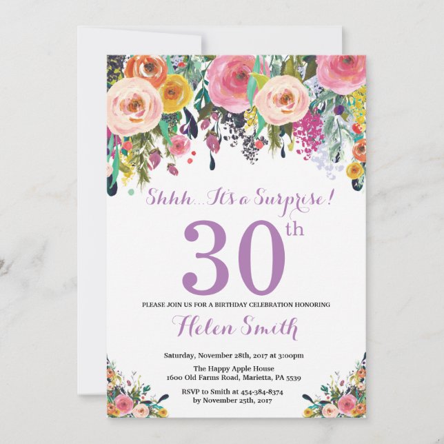 Floral Surprise 30e anniversaire Invitation violet (Devant)
