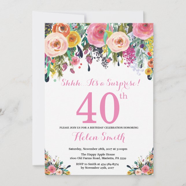 Floral Surprise 40e anniversaire Invitation rose (Devant)