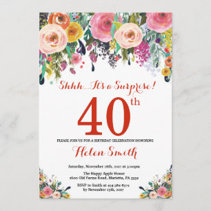 Floral Surprise 40e Anniversaire Invitation Rouge