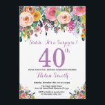 Floral Surprise 40e Anniversaire Invitation Violet<br><div class="desc">Floral Surprise 40th Birthday Invitation for Women. Fleur florale aquarelle. Rose, Jaune, Orange, Fleur Violette. Anniversaire adulte. 30ème 40ème 50ème 60ème 70ème 80ème 90ème 100ème 13ème 15ème 16ème 18ème 20ème 21ème N'importe quel âge. Pour plus de personnalisation, cliquez sur le bouton "Customiser" et utilisez notre outil de conception pour modifier...</div>