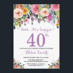 Floral Surprise 40e Anniversaire Invitation Violet<br><div class="desc">Floral Surprise 40th Birthday Invitation for Women. Fleur florale aquarelle. Rose, Jaune, Orange, Fleur Violette. Anniversaire adulte. 30ème 40ème 50ème 60ème 70ème 80ème 90ème 100ème 13ème 15ème 16ème 18ème 20ème 21ème N'importe quel âge. Pour plus de personnalisation, cliquez sur le bouton "Customiser" et utilisez notre outil de conception pour modifier...</div>