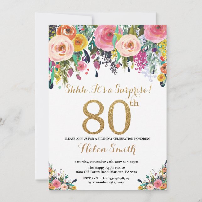 Floral Surprise 80e anniversaire Invitation Or (Devant)