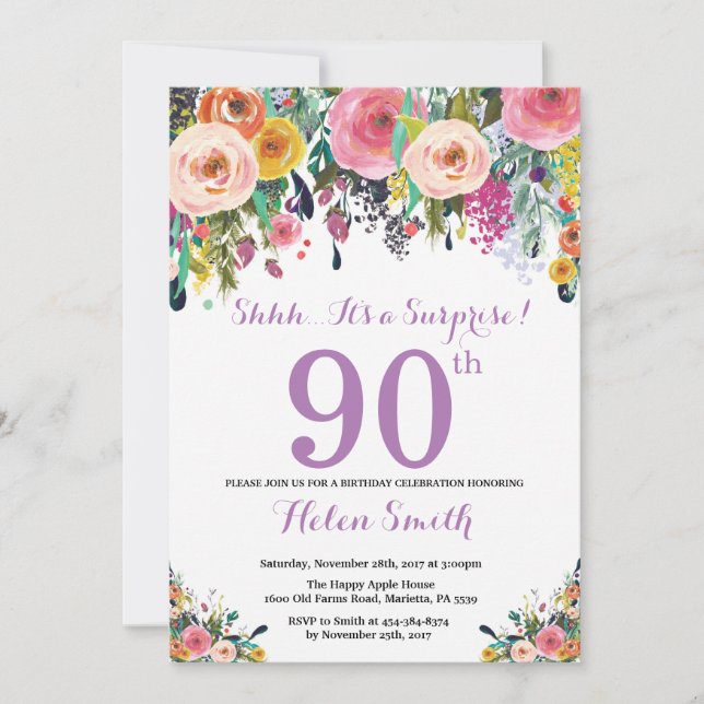 Floral Surprise 90e Anniversaire Invitation Violet (Devant)
