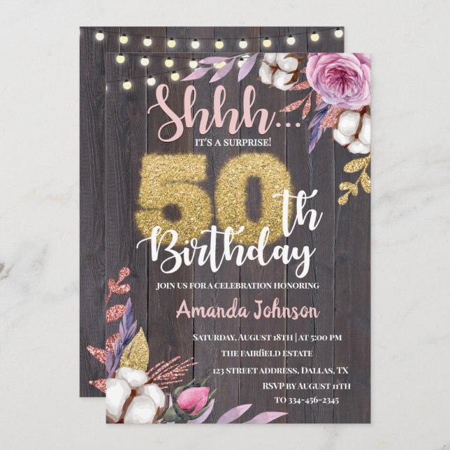 Floral Surprise Party 50e anniversaire Invitation (Devant / Derrière)