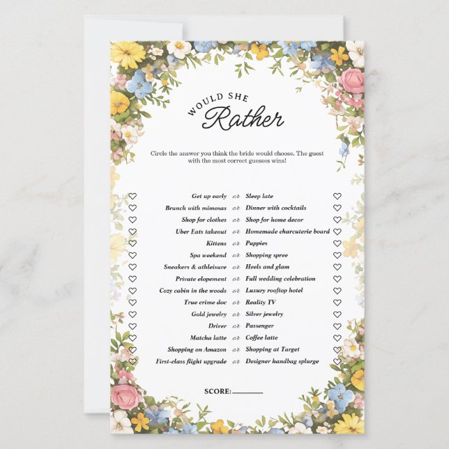 Floral Tea Party Would She Rather Bridal Game (Devant)