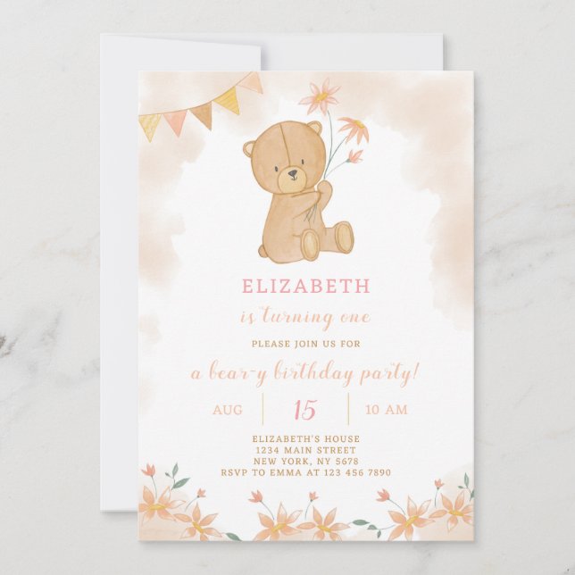 Floral Teddy Invitation d'anniversaire (Devant)