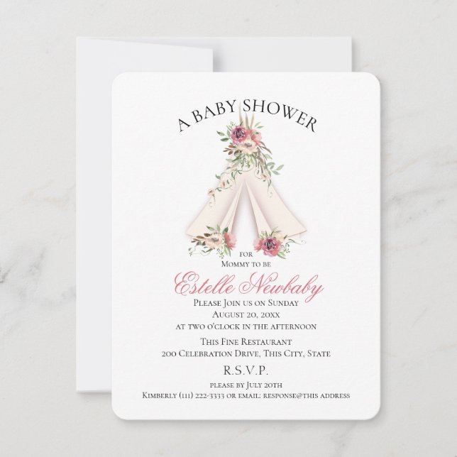Floral Tee Pee Pink Boho Baby shower Invitation (Devant)