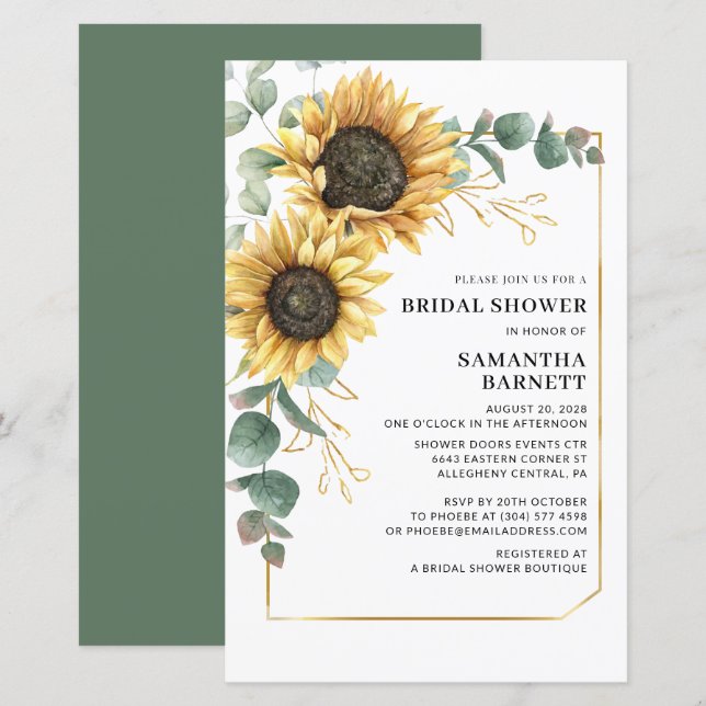 Floral Tournesol Vert Nuptiale Invitation Douche n (Devant / Derrière)
