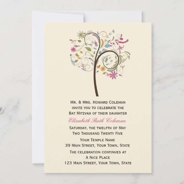 Floral Tree, Invitation Bat mitzvah (Devant)