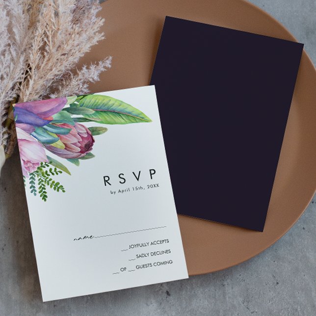 Floral tropical coloré | Carte RSVP violette foncé (Créateur téléchargé)