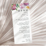 Floral tropical coloré | Menu Dîner Mariage<br><div class="desc">Cette floraison tropicale colorée | menu mariage dîner est parfait pour votre destination boho moderne, vert, violet, mariage pêche. Le design présente un élégant bouquet de verdure couleur d'eau de plage classique et des fleurs qui peuvent inclure l'eucalyptus vert sauge, le mauve et la protéa rouge, l'hibiscus rose rousse, l'oiseau...</div>