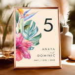 Floral tropical coloré | Numéro de table de pêche<br><div class="desc">Cette floraison tropicale colorée | le numéro de table pêche est parfait pour votre destination boho moderne, vert, violet, mariage pêche. Le design présente un élégant bouquet de verdure couleur d'eau de plage classique et des fleurs qui peuvent inclure l'eucalyptus vert sauge, le mauve et la protéa rouge, l'hibiscus rose...</div>