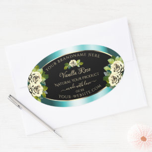 Floral Turquoise Black Gold Étiquettes Roses feuil