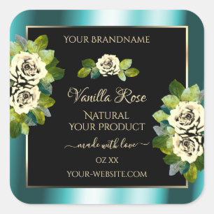 Floral Turquoise Black Gold Étiquettes Roses feuil
