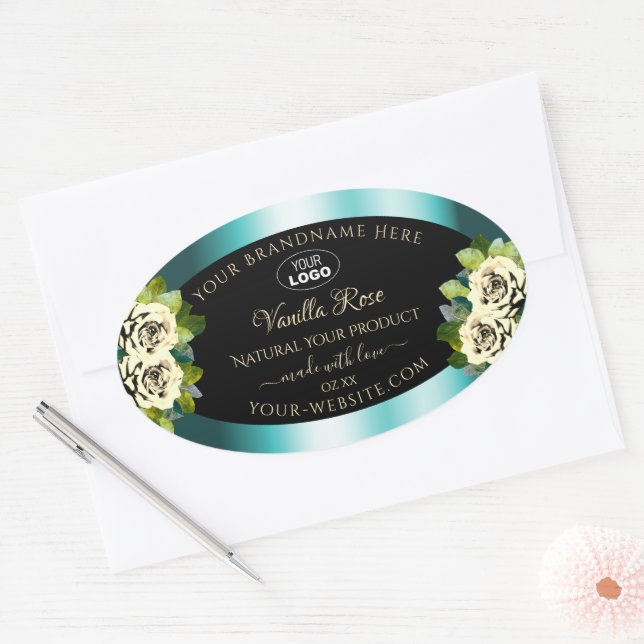 Floral Turquoise Black Gold Produit Étiquettes Ros (Enveloppe)