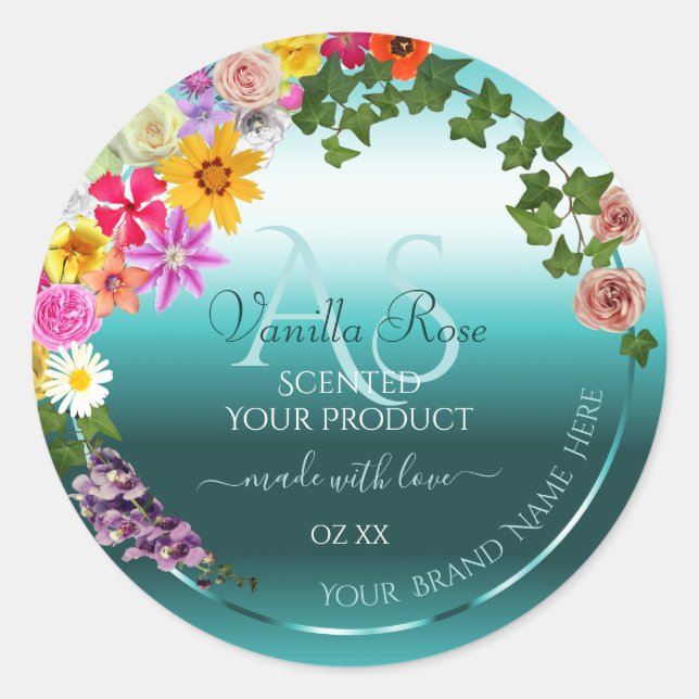 Floral Turquoise Gradient Produit Étiquettes avec  (Devant)