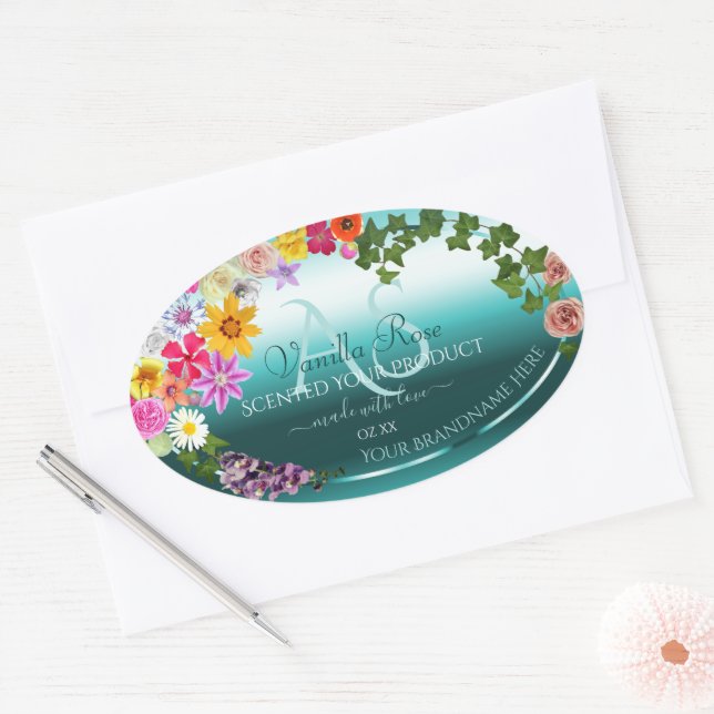 Floral Turquoise Gradient Produit Étiquettes avec  (Enveloppe)