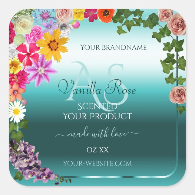 Floral Turquoise Gradient Produit Étiquettes avec  (Devant)