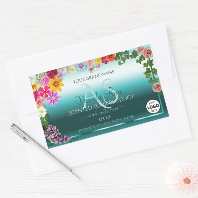 Floral Turquoise Gradient Produit Étiquettes Monog (Enveloppe)