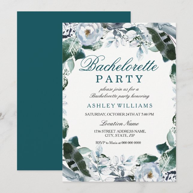 Floral Turquoise Green Bachelorette Invitation (Devant / Derrière)