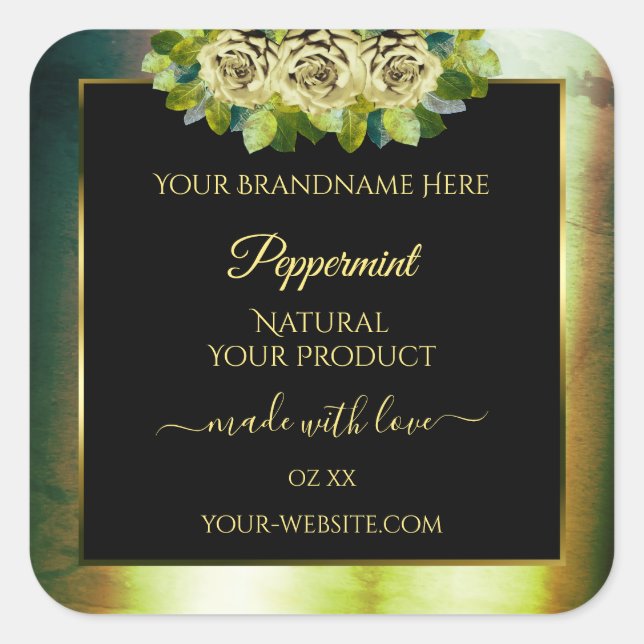 Floral Turquoise marbre vert noir Étiquette de pro (Devant)