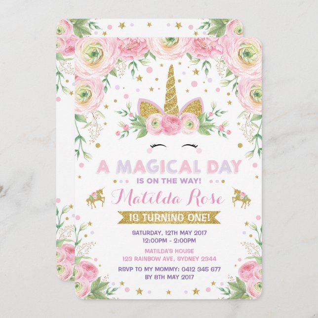 Floral Unicorn Anniversaire Invitation Pink Gold P (Devant / Derrière)