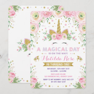 Floral Unicorn Anniversaire Invitation Pink Gold P