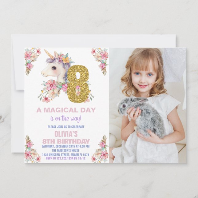 Floral Unicorn Anniversaire Invitations Parties sc (Devant)