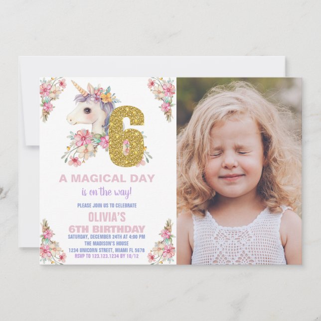 Floral Unicorn Anniversaire Invitations Parties sc (Devant)