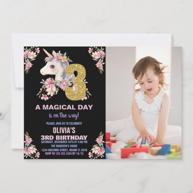 Floral Unicorn Anniversaire Invitations Parties sc (Devant)