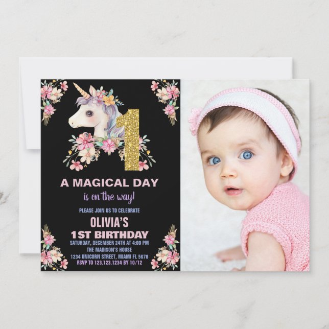 Floral Unicorn Anniversaire Invitations Parties sc (Devant)