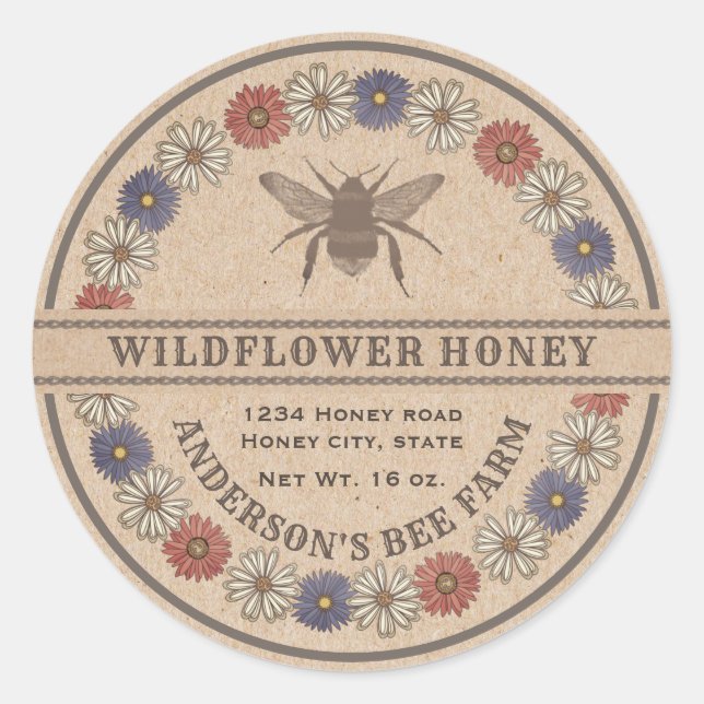 Floral vintage abeille Kraft miel étiquette (Devant)