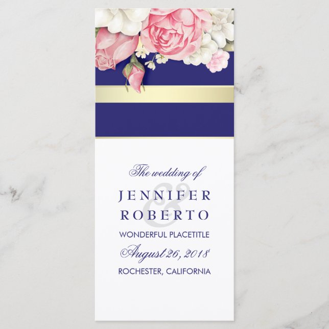 Floral Vintage Navy Gold White Wedding Programme (Devant)