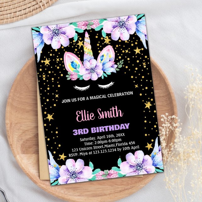 Floral violet noir Unicorne Invitations Anniversai (Floral Purple Black Unicorn Birthday Invitations)