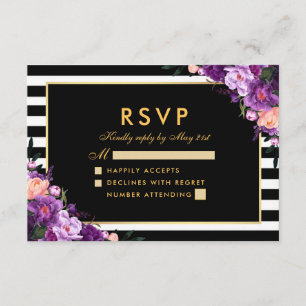 Floral violet or rayé noir Mariage RSVP