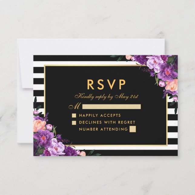 Floral violet or rayé noir Mariage RSVP (Devant)