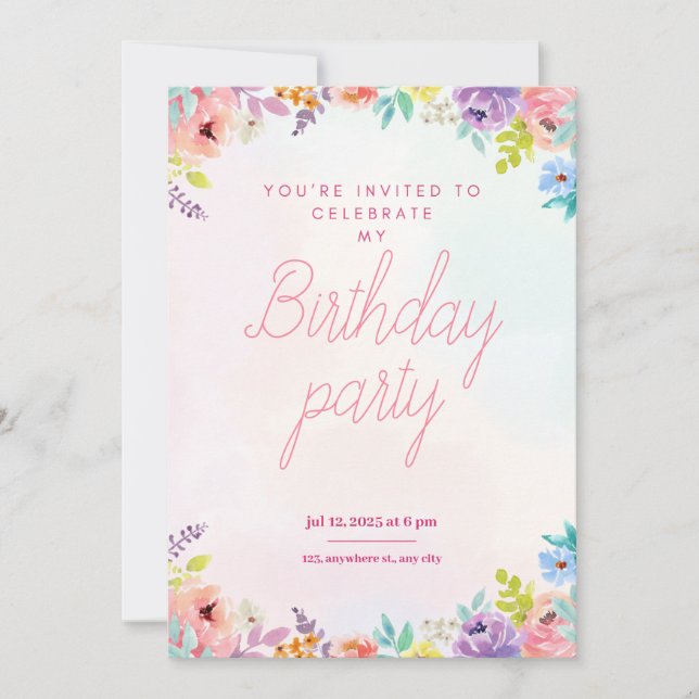 Floral watercolor adults birthday invitation (Devant)