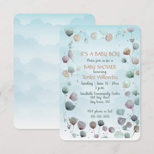 Floral Watercolor Baby Boy Shower Invitation (Devant / Derrière)
