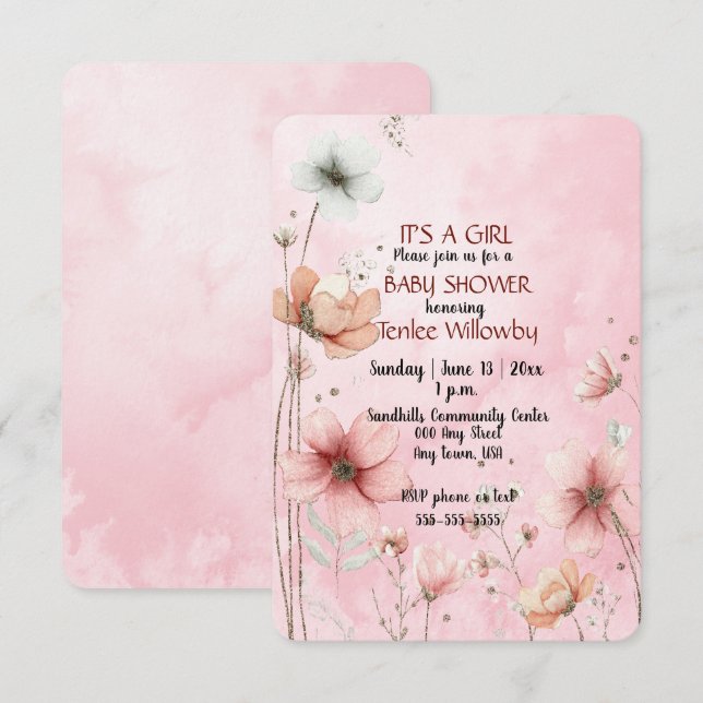 Floral Watercolor Baby Girl Shower Invitation (Devant / Derrière)