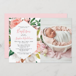 Floral Watercolor Girl Baptism Photo Invitation