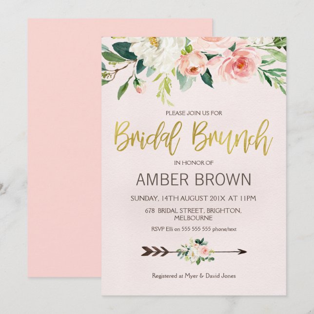 Floral Watercolor Rose Bridal Brunch Invitation (Devant / Derrière)
