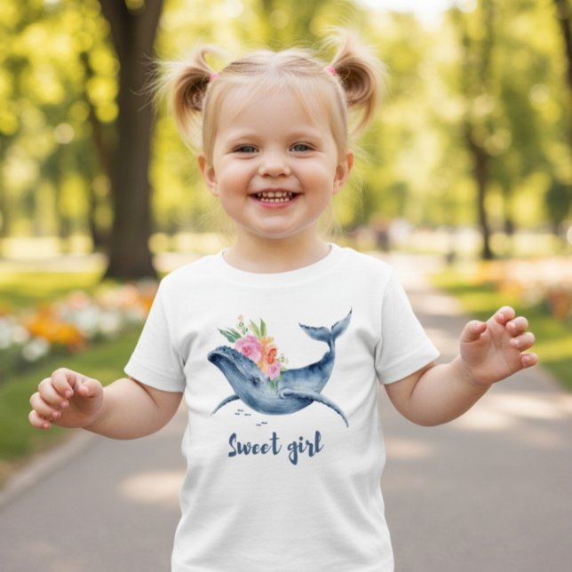 Floral Watercolor Whale Sweet Girl Toddler T-Shirt (Créateur téléchargé)