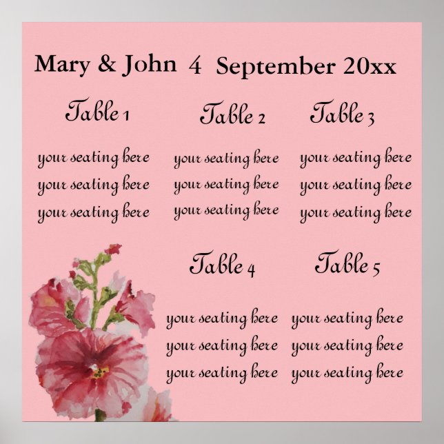 Floral Wedding "Hollyhock" seating chart. Poster (Devant)