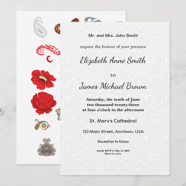Floral Wedding Invitation Elegant Red Rose (Devant / Derrière)