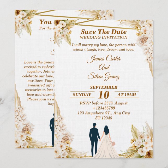 Floral Wedding Invitation – Modern invite card (Devant / Derrière)